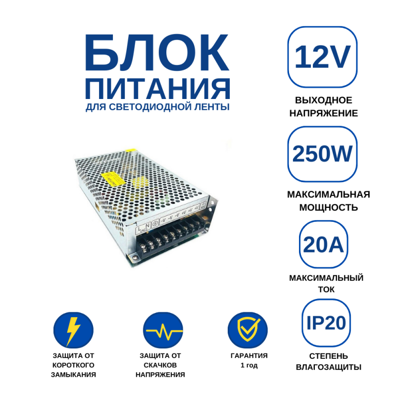 Блок питания 20А 250W 12v IP20 открытый